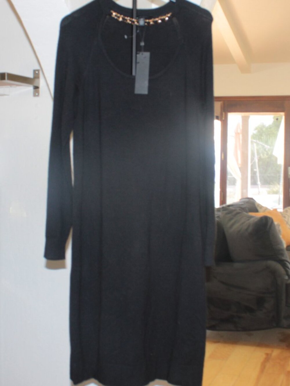 HALSTON Black Gold Chain Trim Sweater Midi Dress Size M NWT